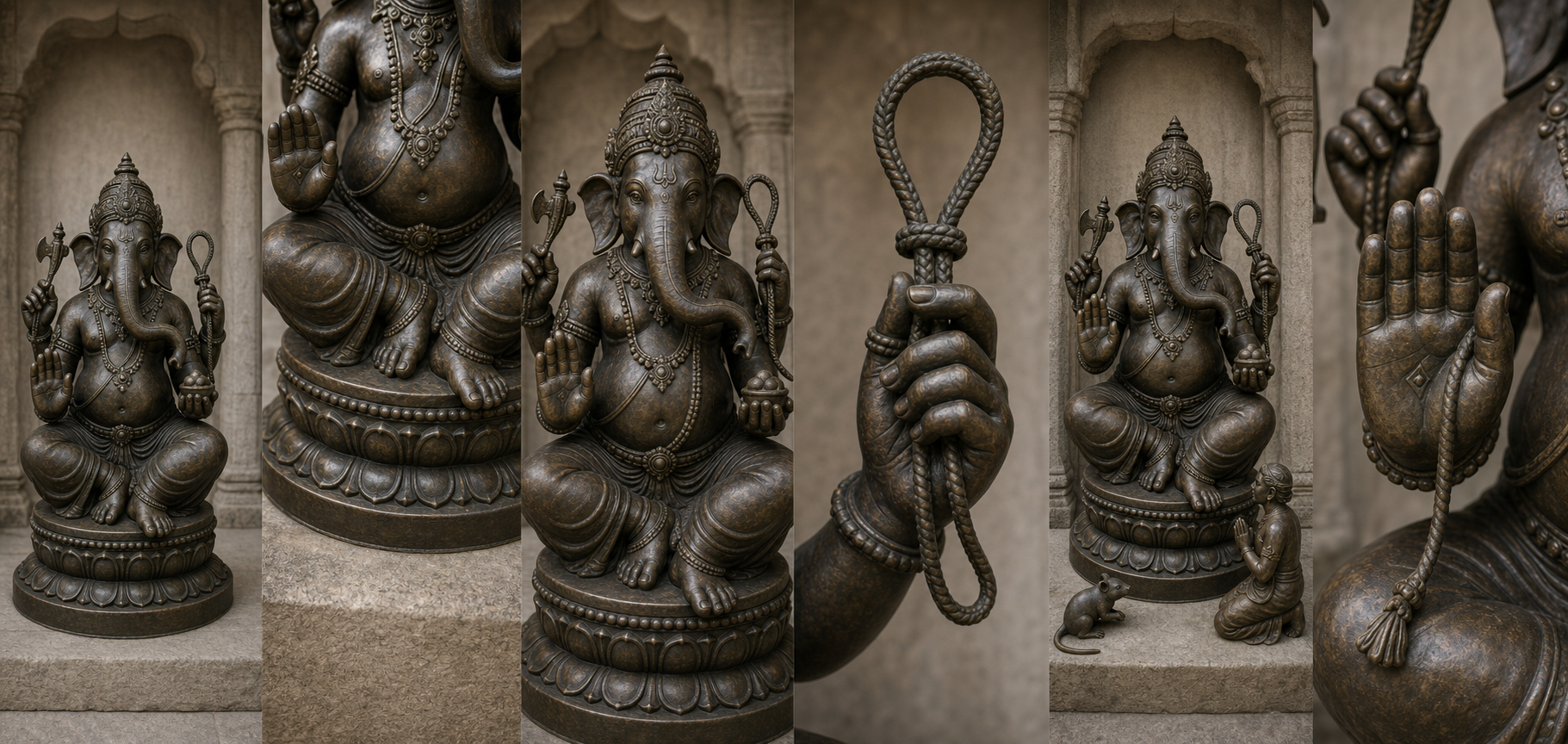 Six borderless views examine the same bronze Ganesha sculpture, moving from its full posture to its feet, hand gestures, open pasha, surrounding figures, and open palm.