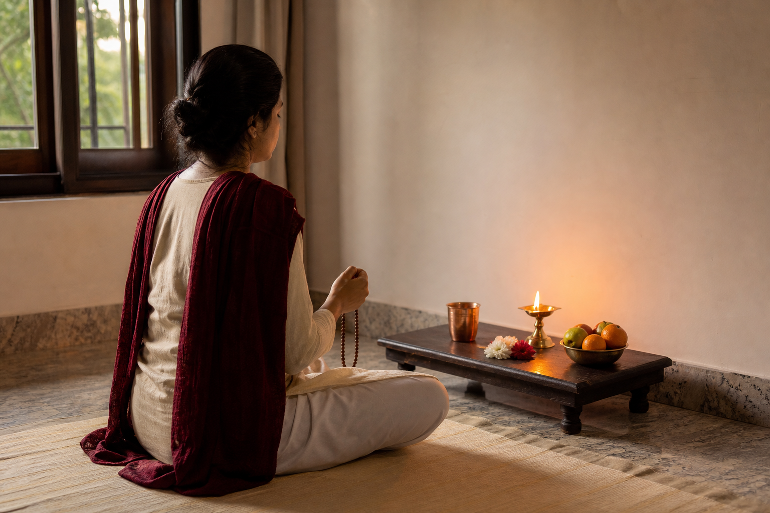 A seated practitioner uses prayer beads before a simple altar with one lamp, water, flowers, and fruit.