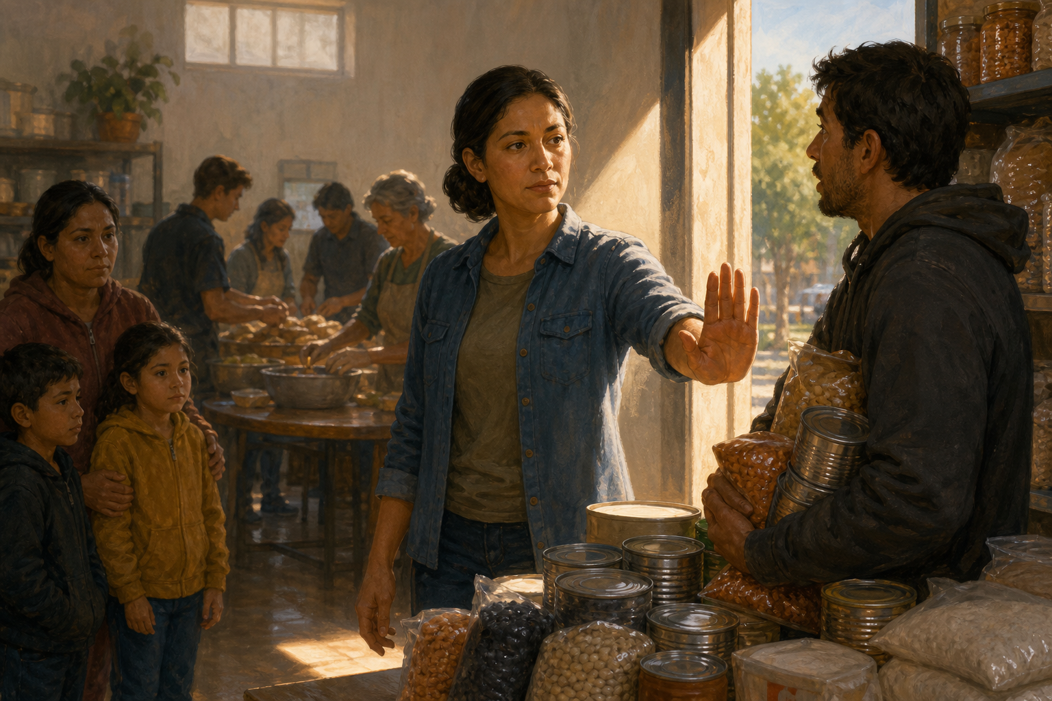 A calm volunteer raises an open hand to stop someone from taking too many food supplies in a busy communal kitchen.