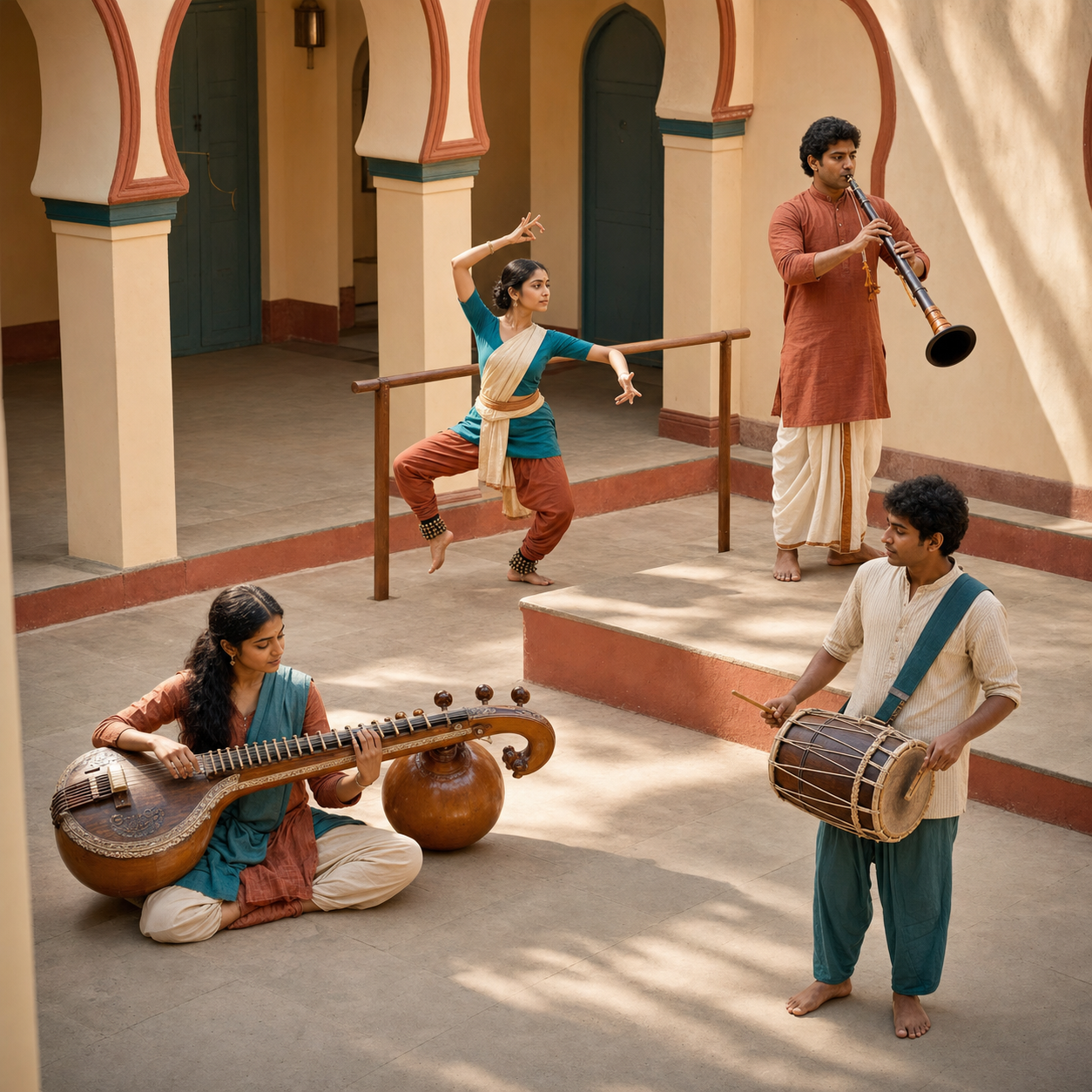 Four students practice veena, Bharatanatyam, nadaswaram and dolu in separate areas of a South Indian arts courtyard.