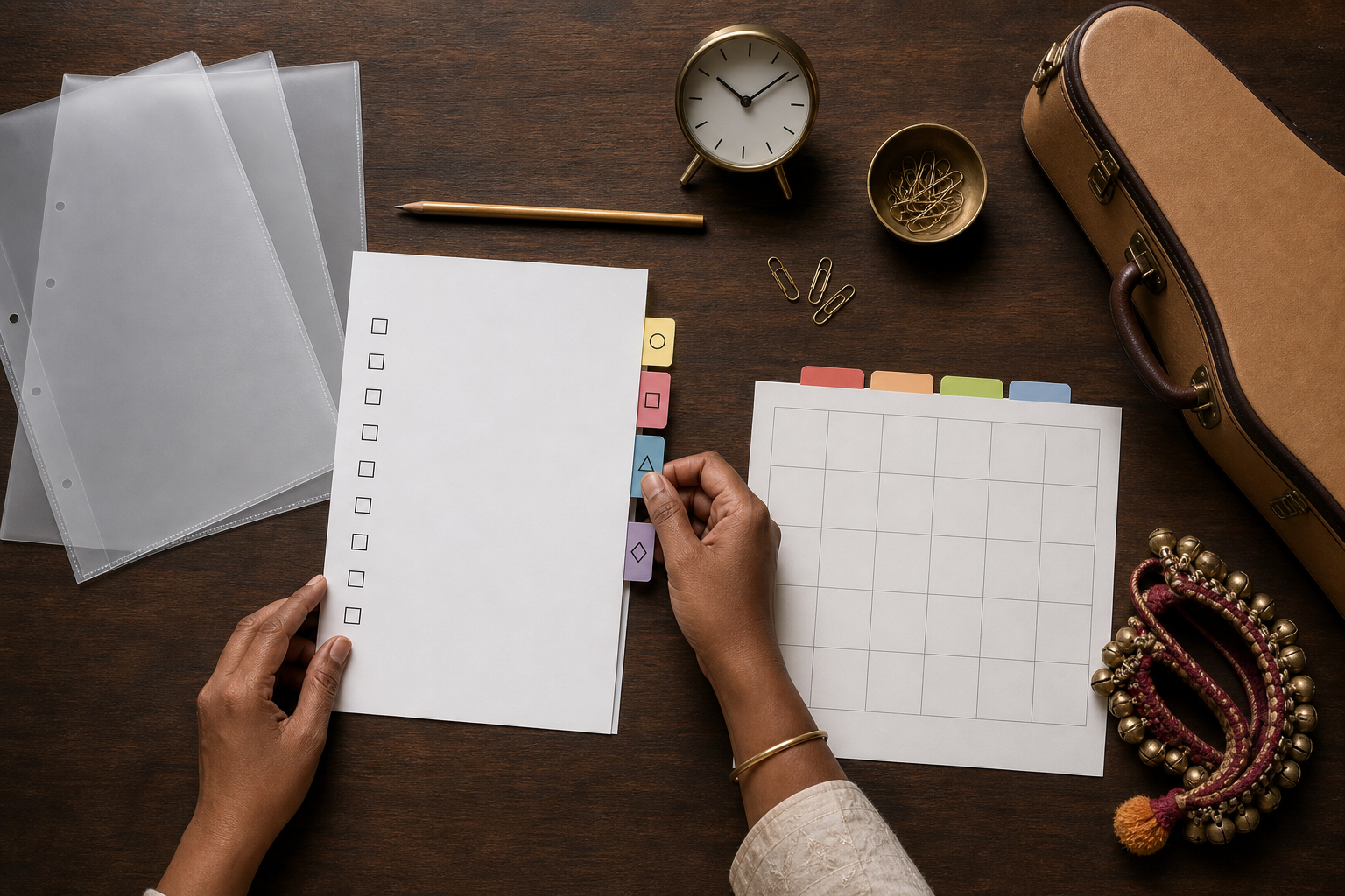 Hands organize blank checklists, document sleeves, colored tabs and a calendar beside dance ankle bells and an instrument case.