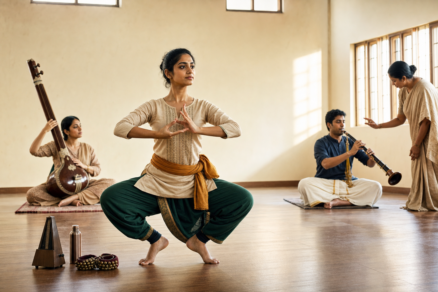Dance, vocal and nadaswaram students practice different audition skills with teachers in a sunlit rehearsal studio.