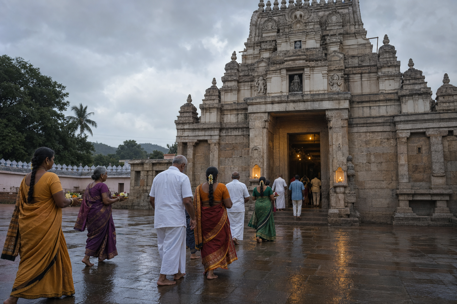 Pilgrims carrying flower offerings approach a South Indian temple entrance in Tirupati beneath cloudy early-morning skies.