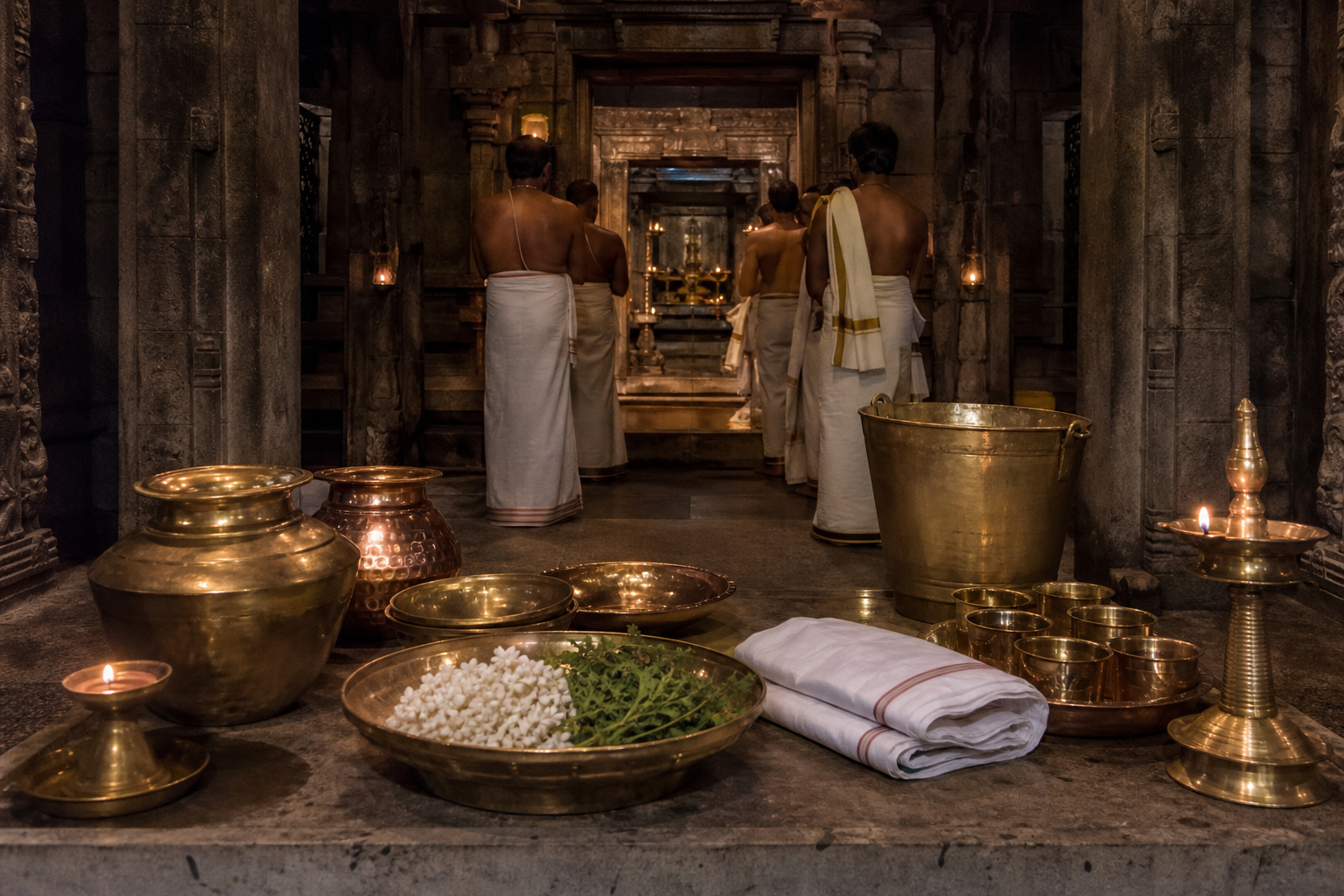 Brass ritual vessels, flowers, lamps, and priests are arranged near a softly lit temple sanctum before an Abhishekam.