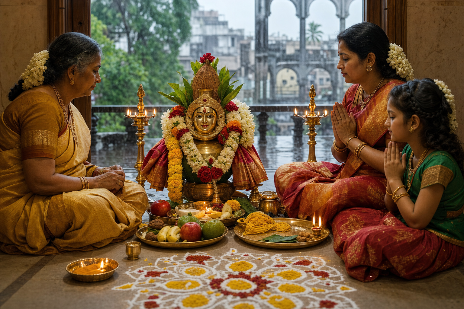 Women from three generations pray before a flower-decorated Varalakshmi kalash and offerings in a Hyderabad home during the monsoon season.