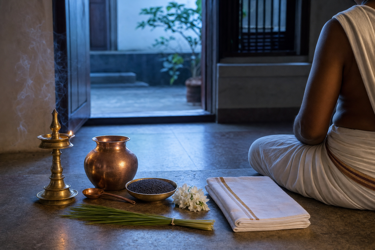 Copper vessels, black sesame seeds, darbha grass, white flowers and a brass lamp arranged for ritual preparation beside a seated practitioner.