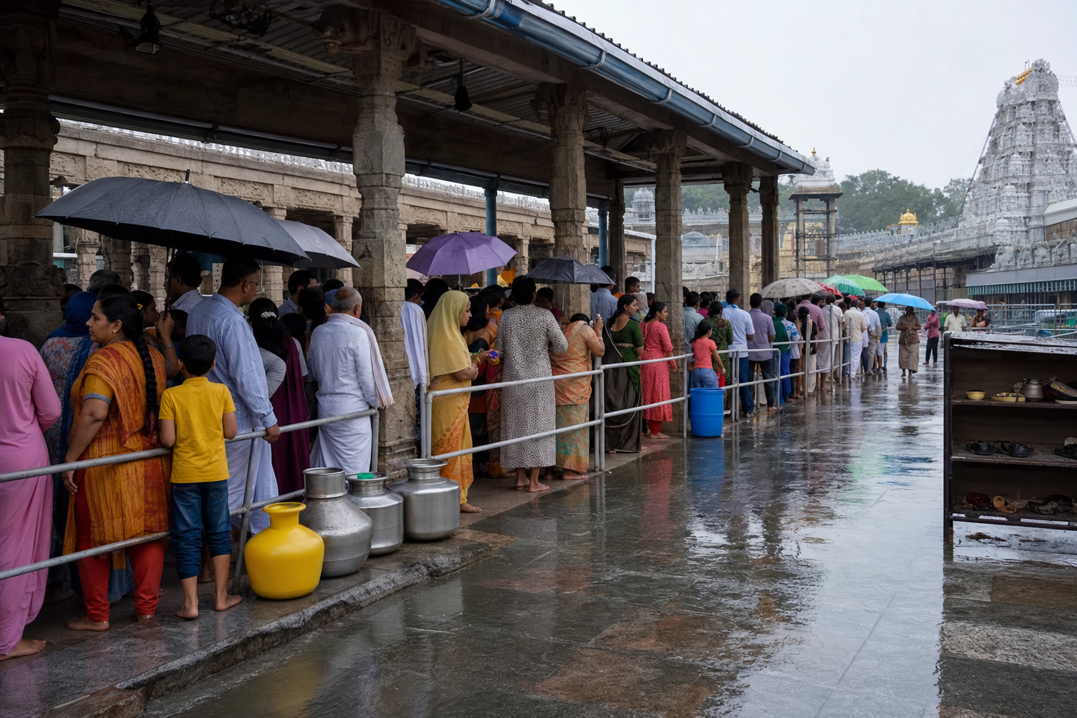 Pilgrims wait under a covered queue area outside a Tirupati temple while umbrellas and wet pavement indicate monsoon weather.