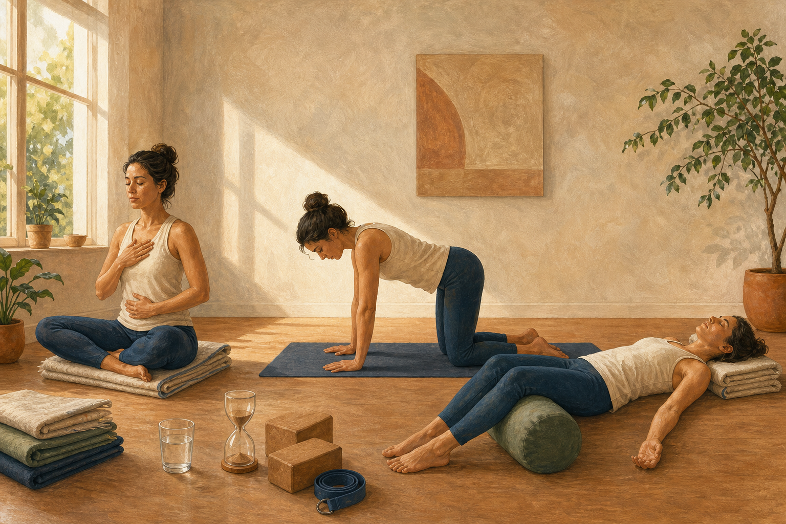 A practitioner is shown breathing while seated, moving on hands and knees, and resting on a mat with supportive yoga props nearby.