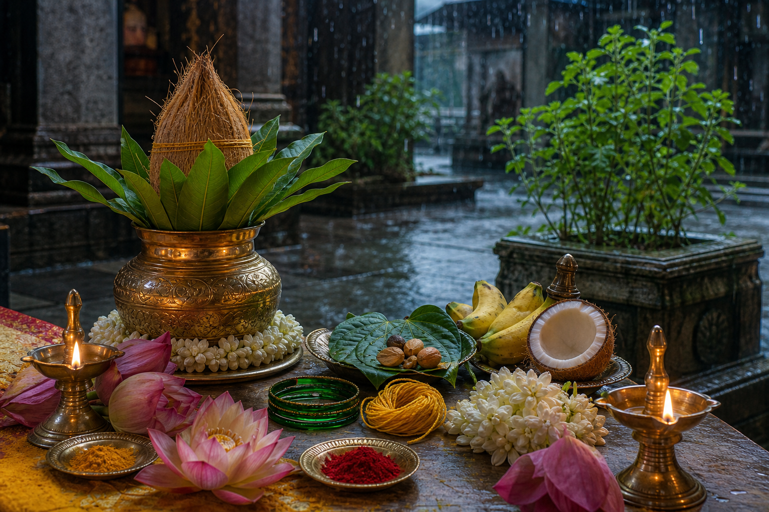 A Varalakshmi kalash, flowers, sacred thread, fruits, and oil lamps are arranged beside a rain-washed courtyard with monsoon greenery.