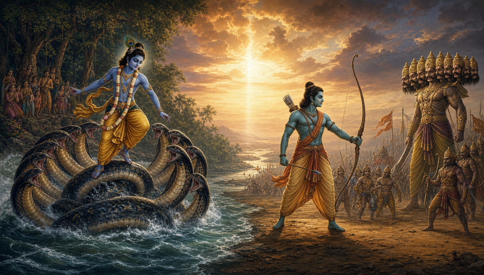Krishna restrains the serpent Kaliya in the Yamuna beside watching villagers while Rama stands with a lowered bow opposite Ravana on a battlefield.