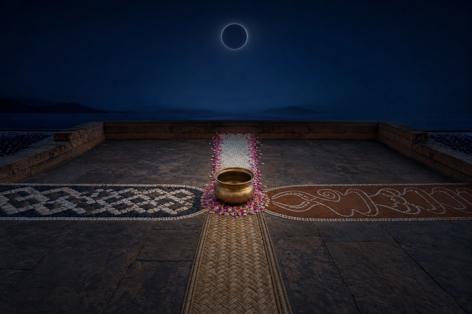 Four decorative paths converge on one brass vessel beneath a dark new-moon sky, symbolizing different calendar names for the same day.
