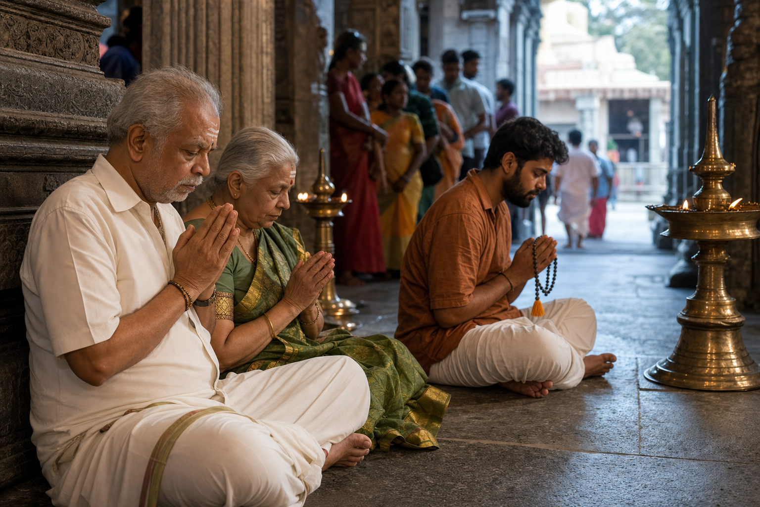 Devotees pray quietly while seated beside carved stone pillars and glowing oil lamps in a temple waiting area.