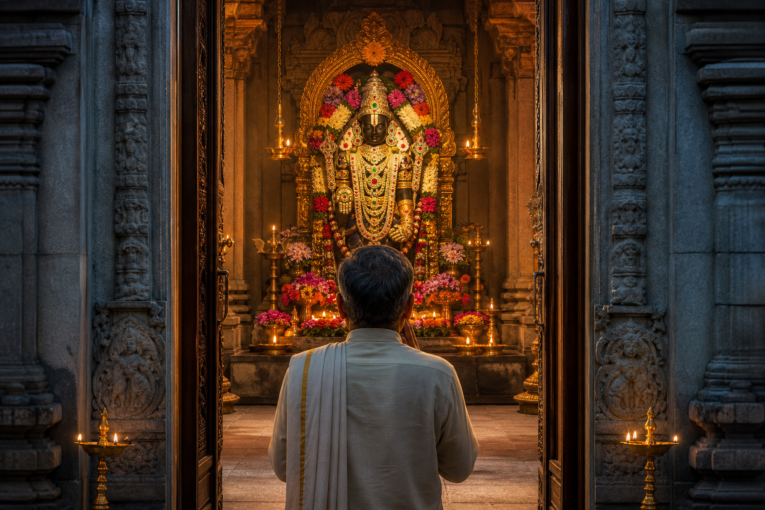 A devotee stands with joined hands before a flower-adorned sacred image illuminated by oil lamps inside a temple sanctum.