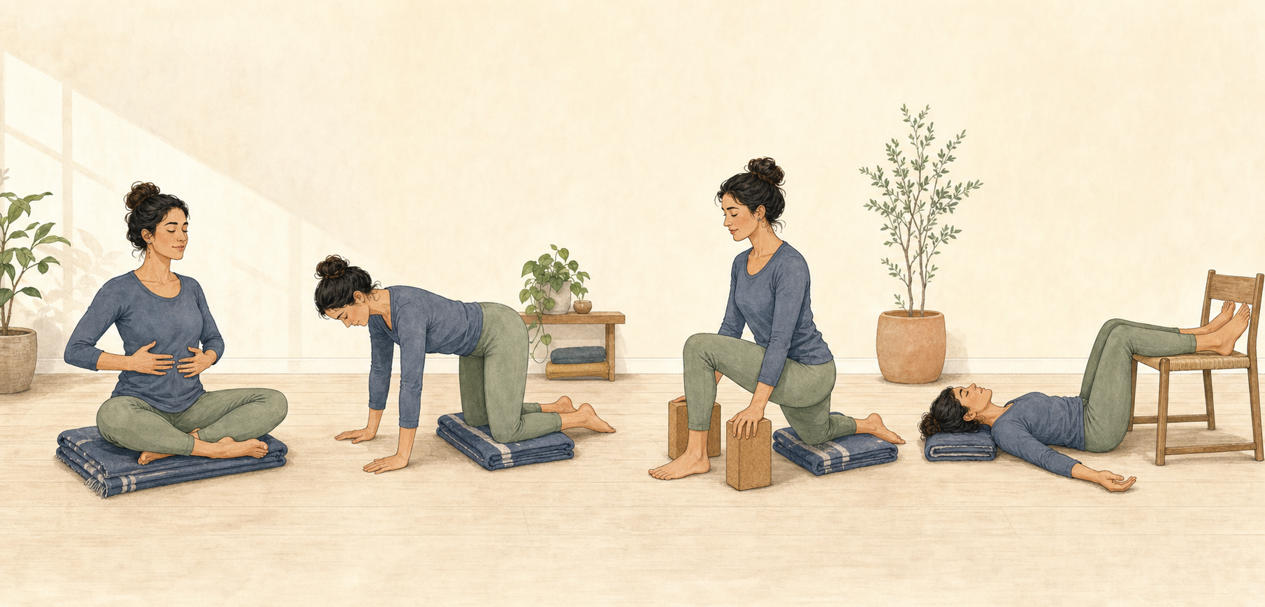 Four illustrations show seated breathing, a hands-and-knees movement, a supported low lunge, and rest with the lower legs on a chair.
