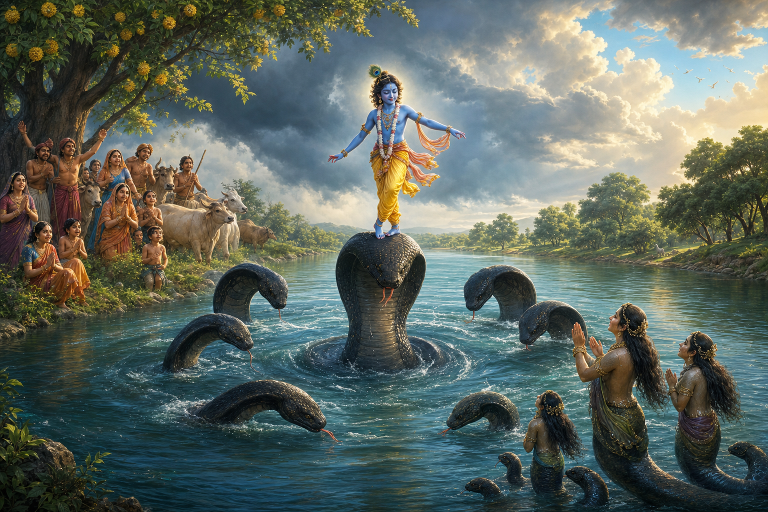Krishna stands calmly on the lowered hoods of Kaliya as the Yamuna settles and villagers, cattle, and the serpent's family watch from the riverbank.