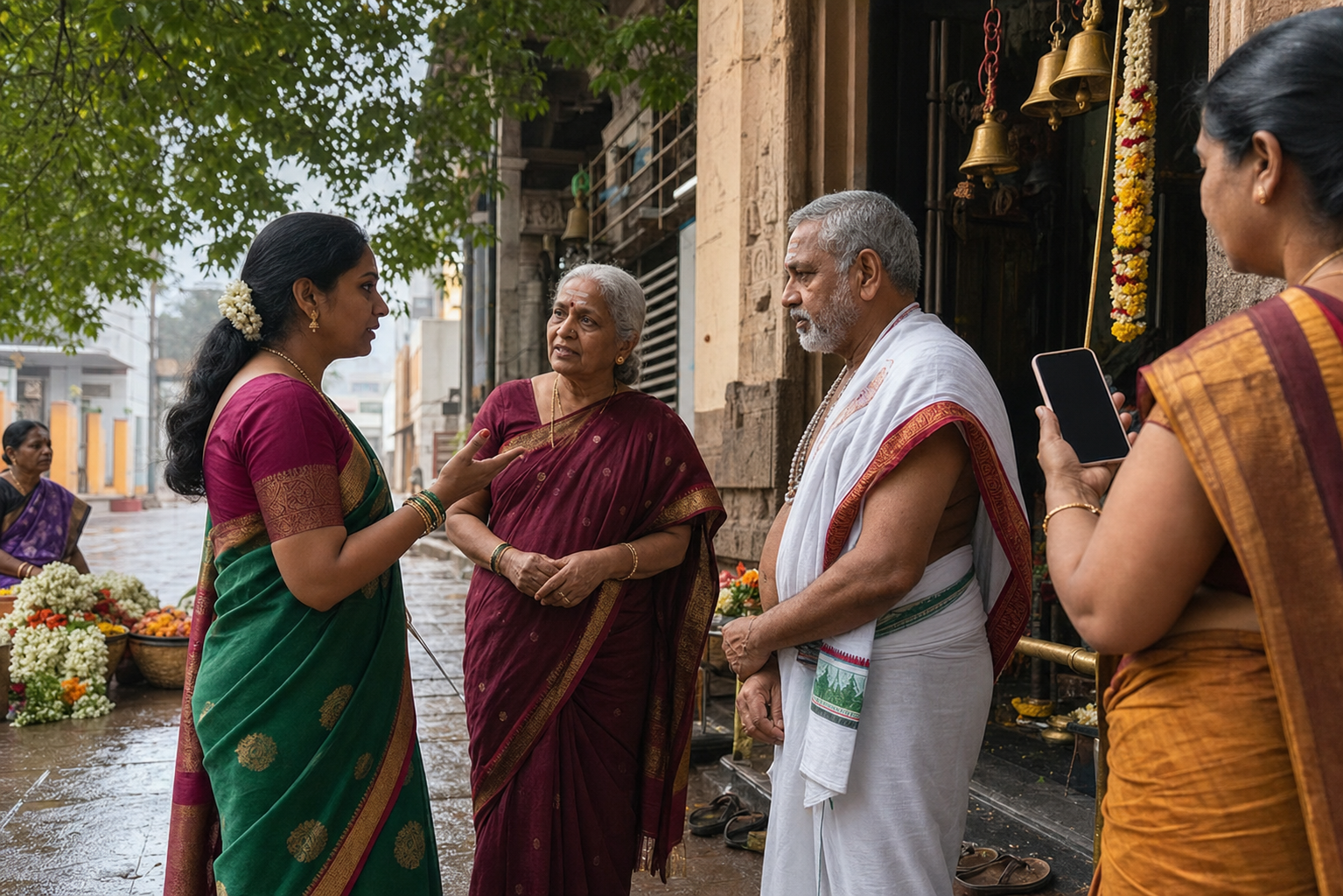 A devotee speaks with a priest and temple volunteer outside a rain-washed Hyderabad neighborhood temple while another visitor holds a phone.