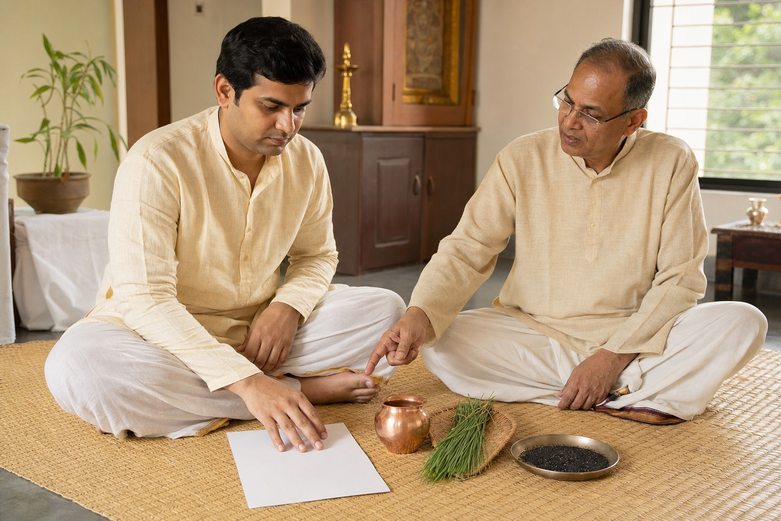 A seated practitioner and an elder review an unmarked reference sheet beside copper vessels, darbha grass and black sesame seeds.