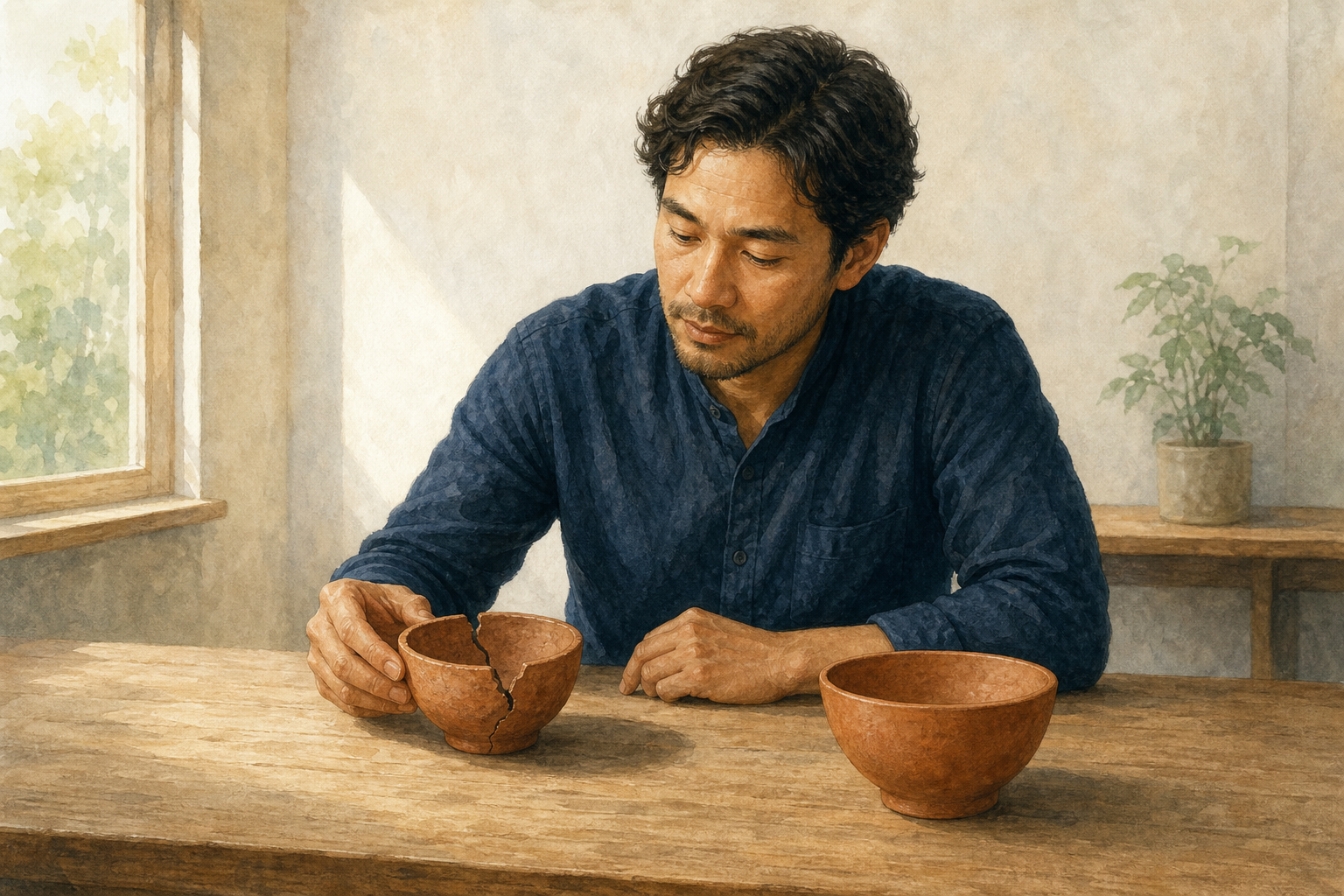 A person calmly examines a cracked clay bowl on a wooden desk beside an intact bowl.