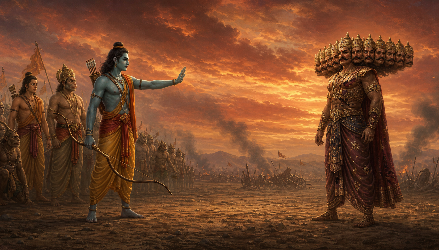 Rama lowers his bow and raises an open hand toward an unarmed, weary Ravana while Lakshmana, Hanuman, and the waiting army remain behind him.