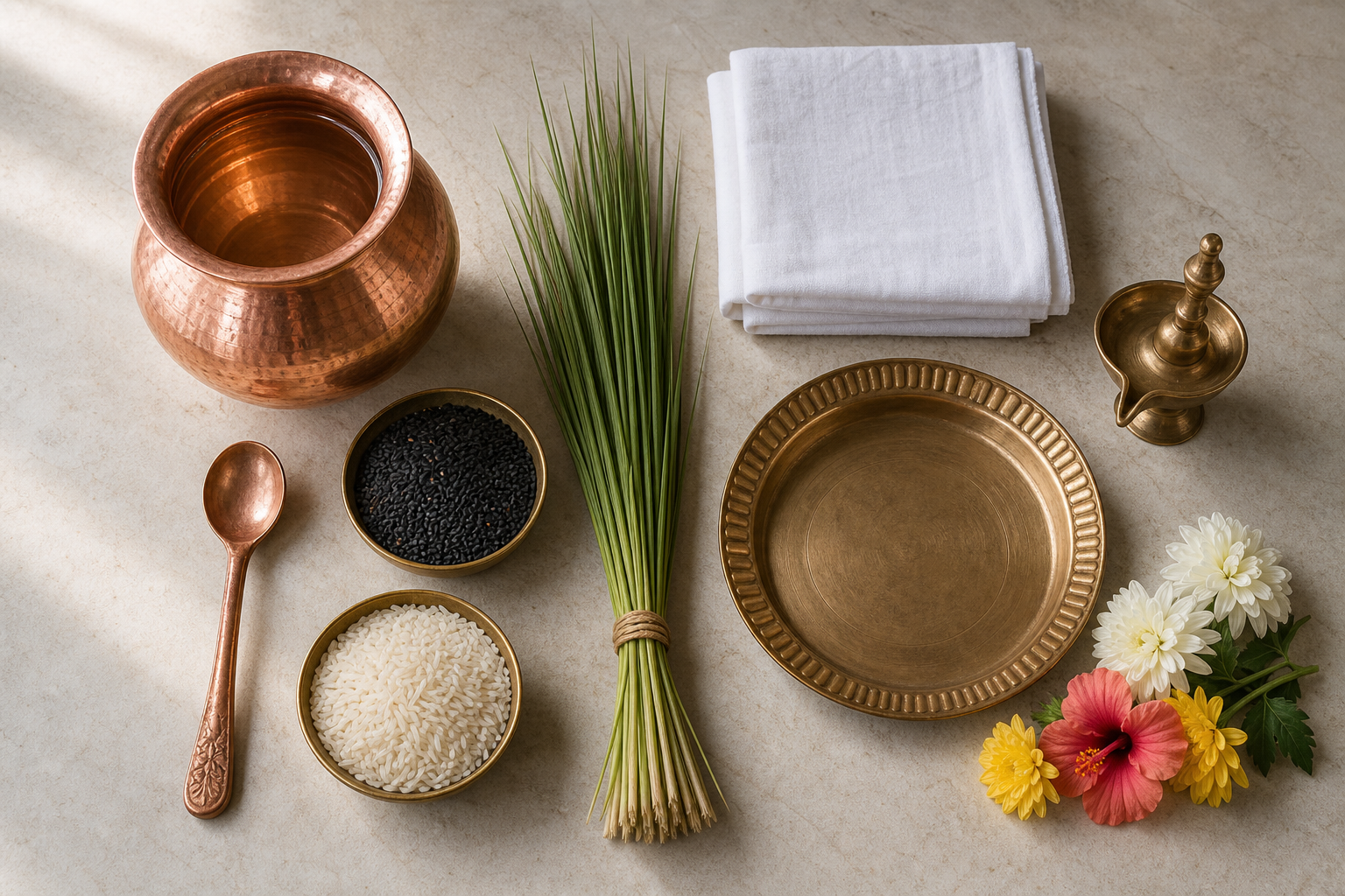 An overhead arrangement of copper vessels, darbha grass, black sesame seeds, rice, flowers, a white cloth and a brass lamp prepared in advance.