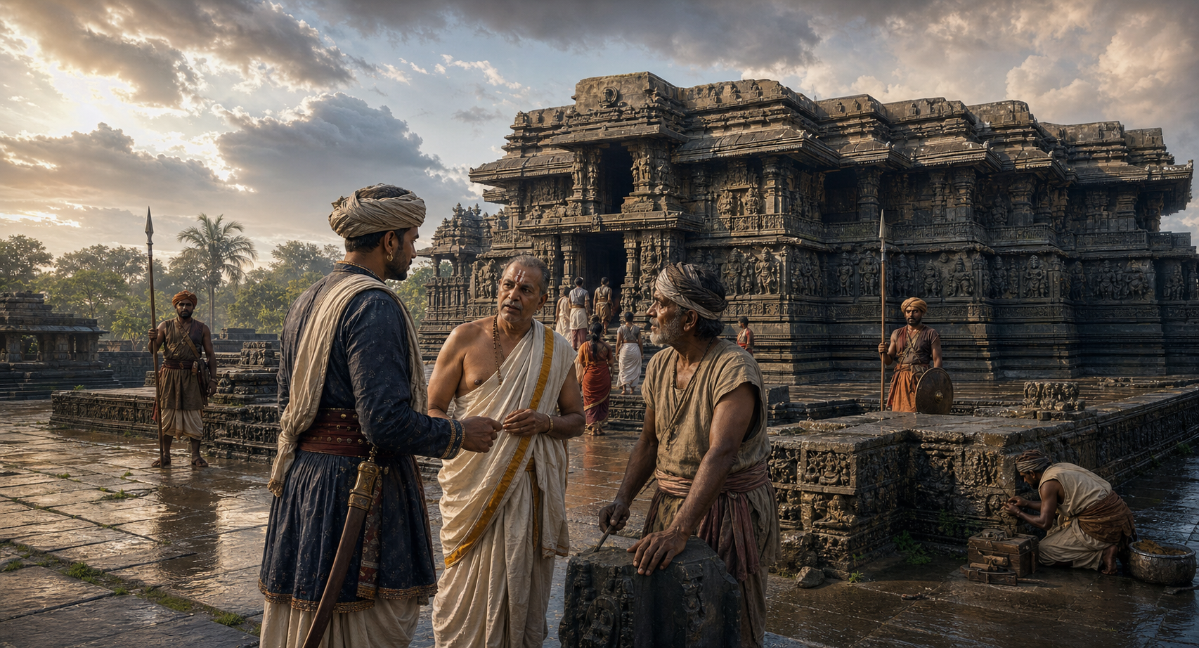 An imagined late-fourteenth-century administrator meets a priest and stoneworker outside Belur's carved Hoysala temple while guards, artisans, and worshippers occupy the courtyard.