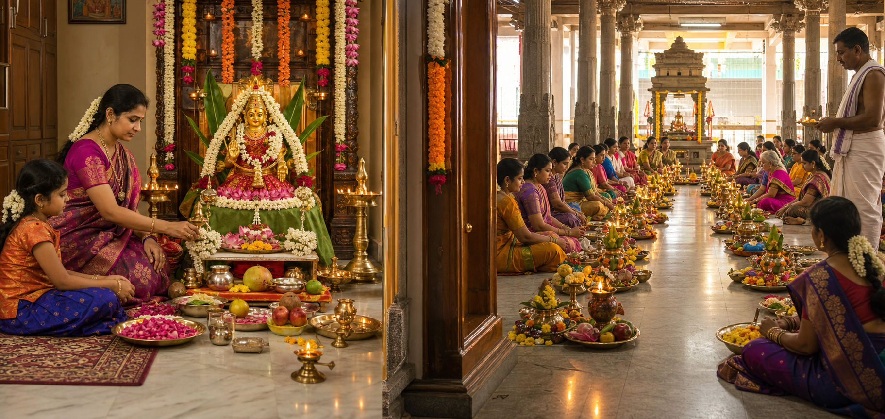 A woman and child prepare a Varalakshmi altar at home beside a contrasting scene of women joining a communal puja in a temple hall.