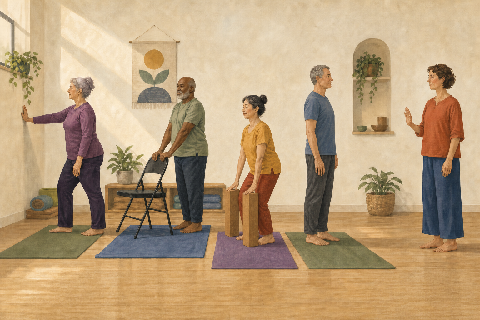 Four adults adapt a gentle standing yoga movement using a wall, chair, blocks, or a neutral standing pause in a bright practice room.