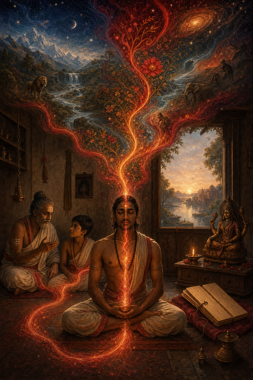 A seated South Asian practitioner surrounded by red-gold light that connects the body, natural elements, a teacher and student, a household shrine, a manuscript, and sacred art.