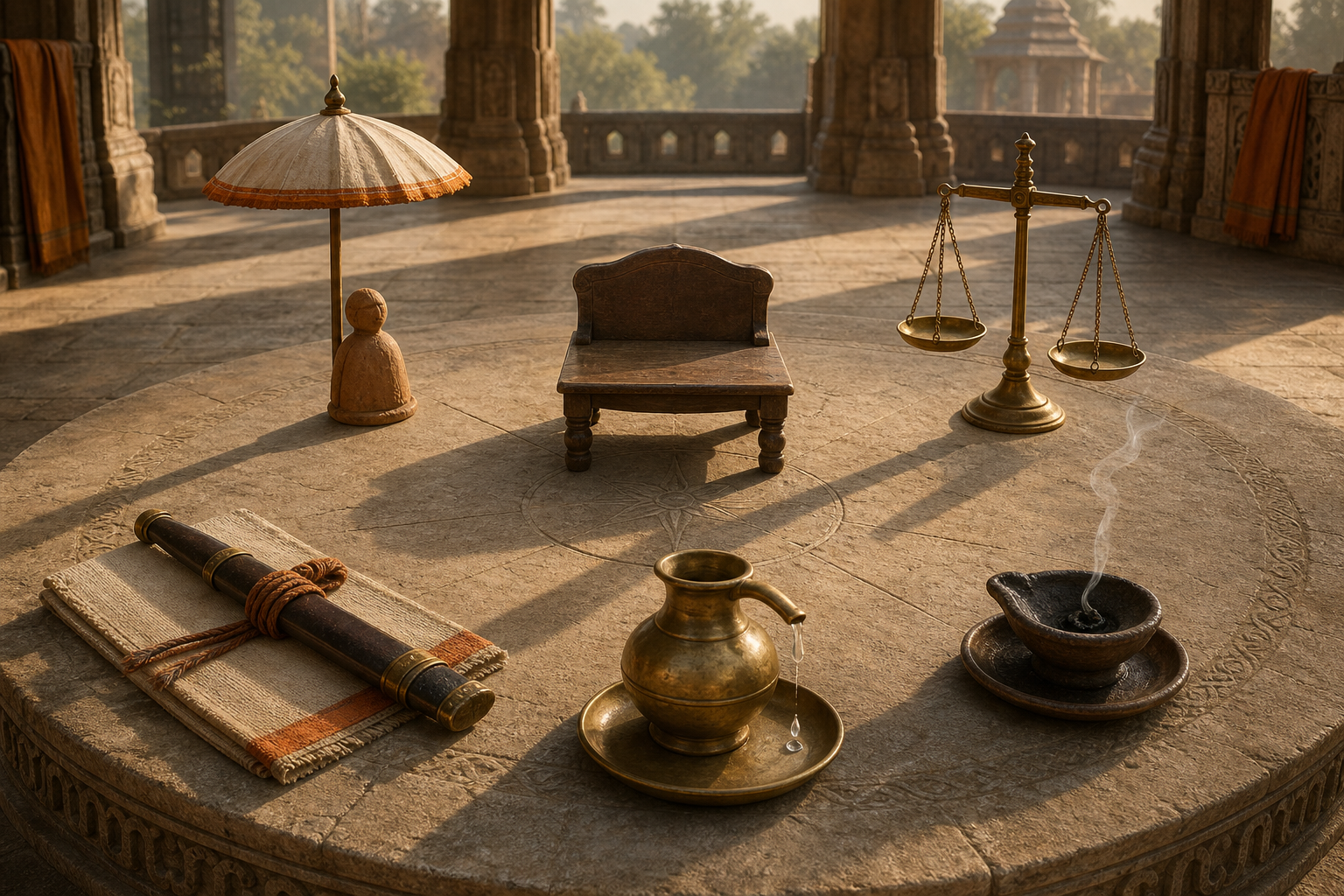 Five symbolic objects—a sheltering parasol, balanced scale, bound sheathed sword, measured water vessel, and extinguished lamp—surround an empty wooden seat in a courtyard.