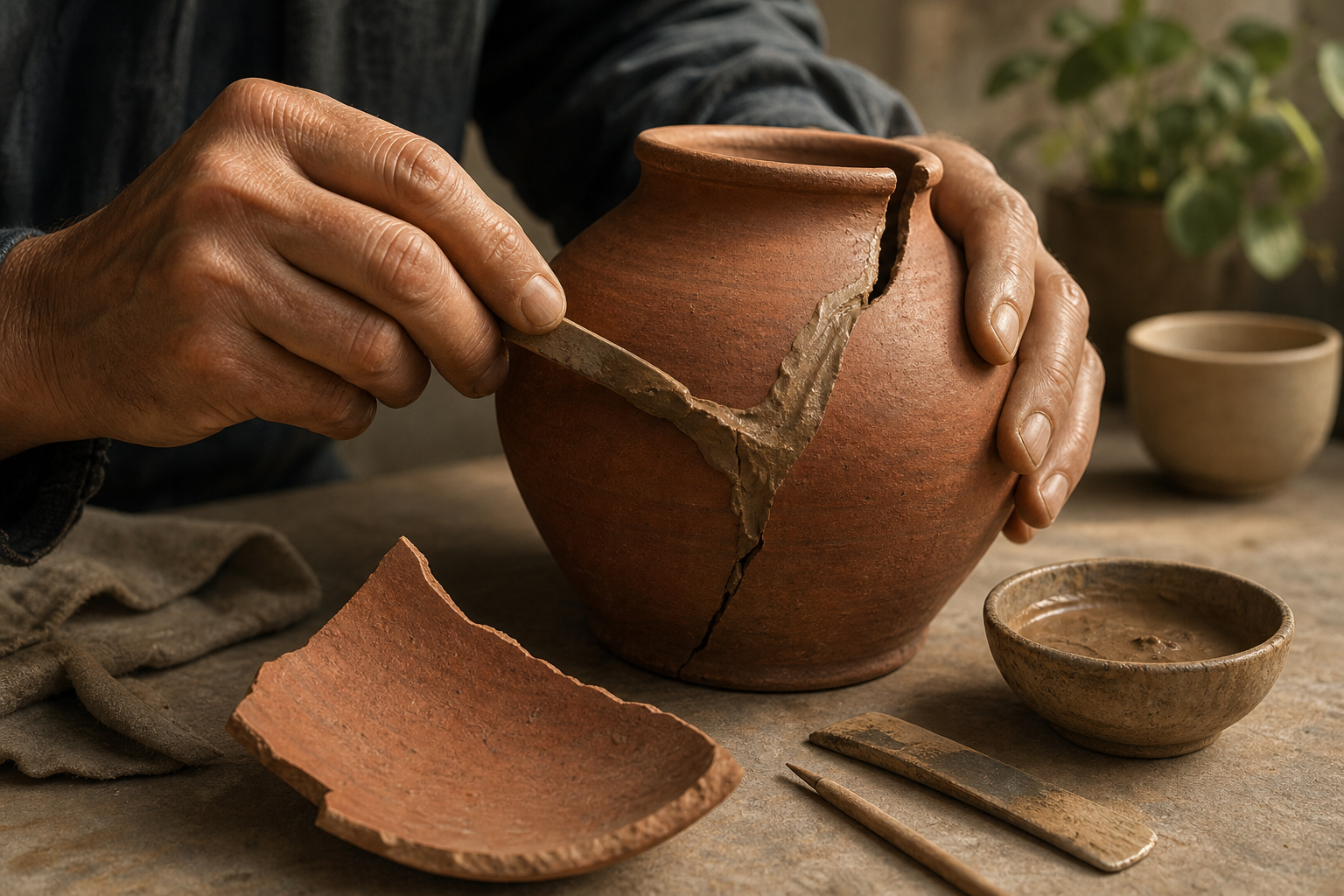 Two hands repair a broken earthenware water vessel on a worktable while a green plant and cup sit nearby.