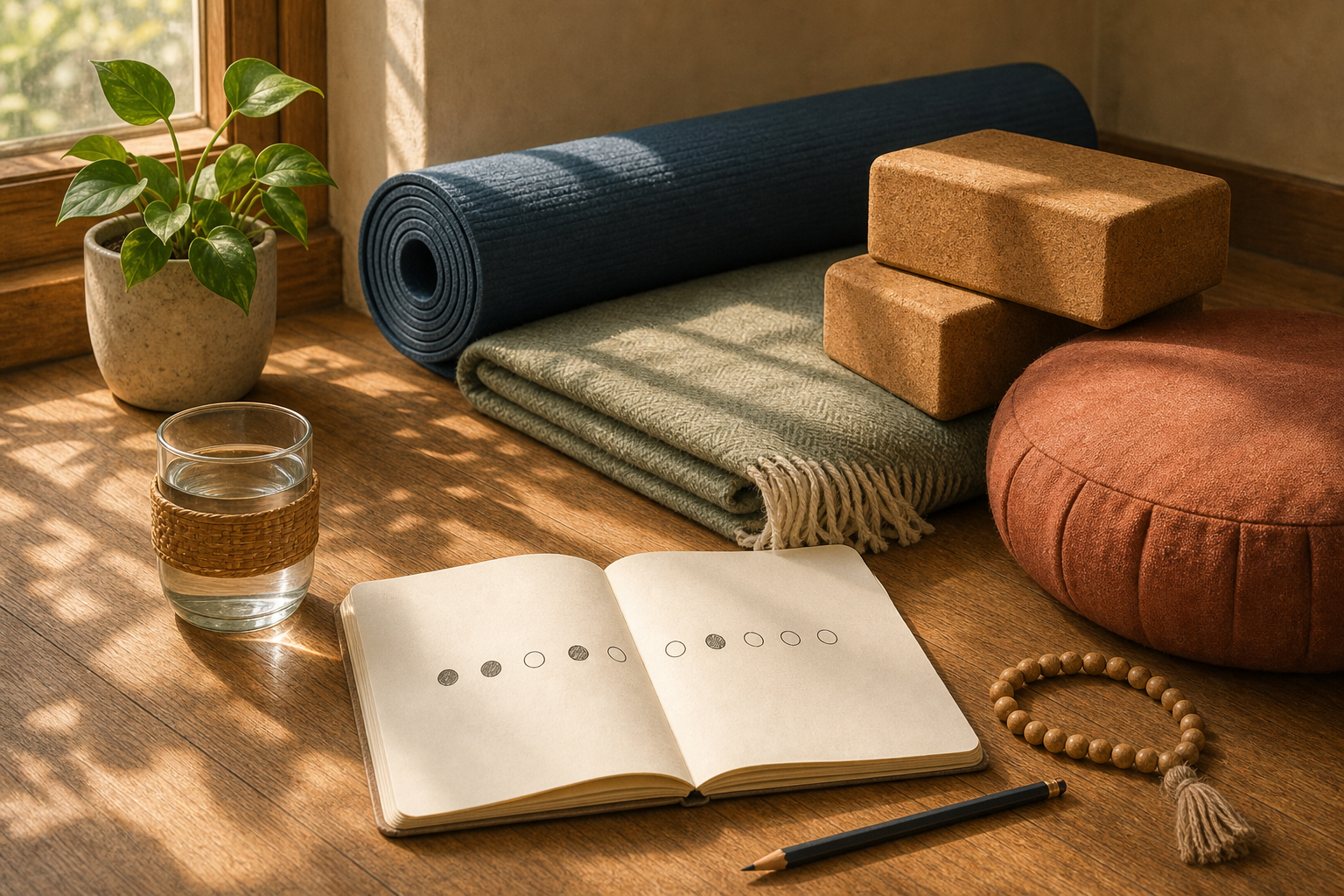 A yoga mat and supportive props sit beside an open notebook with simple habit-tracking circles, wooden beads, a pencil, and a houseplant.