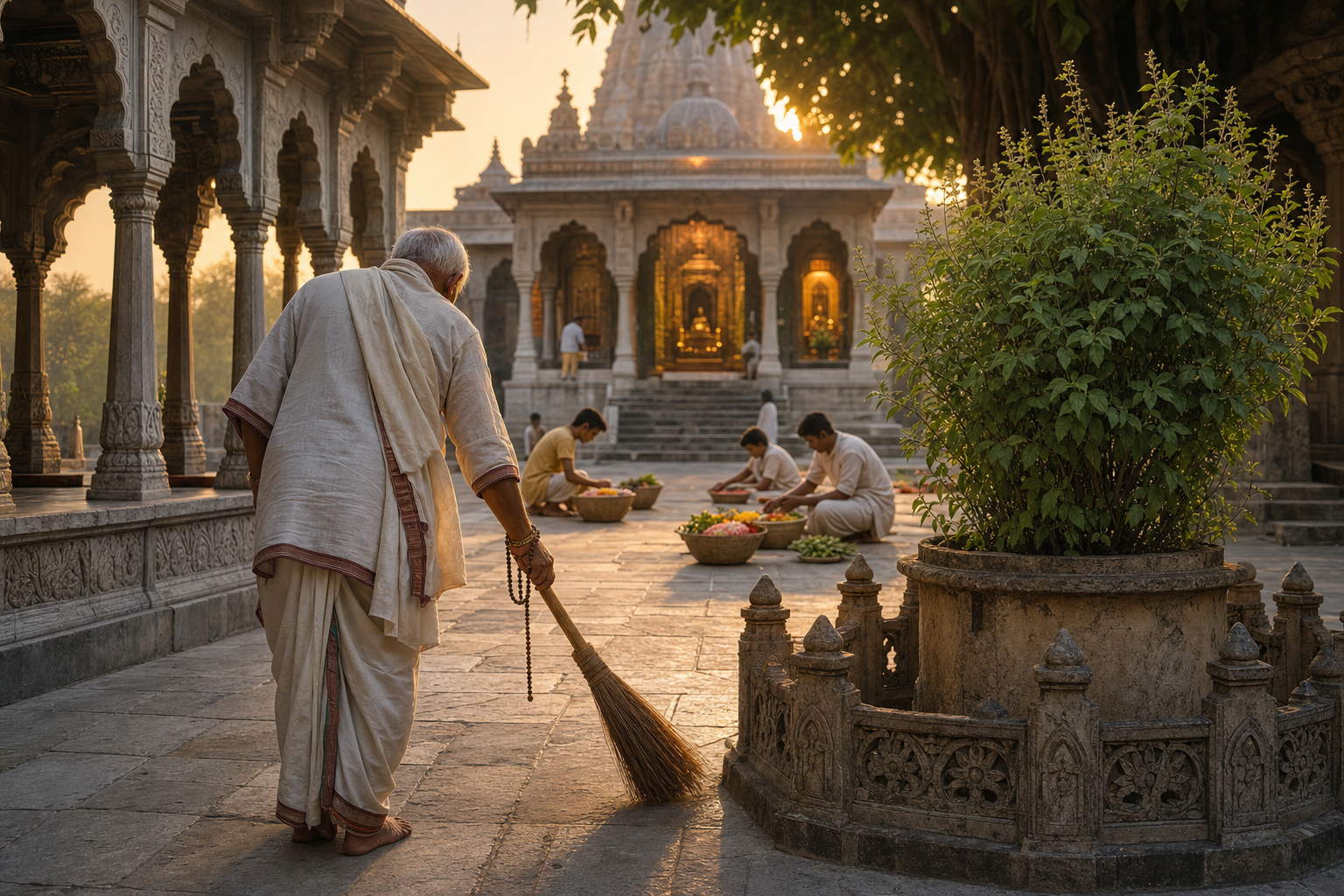 An elderly Vaishnava devotee seen from behind sweeps a temple courtyard at dawn while younger volunteers prepare flowers near a sacred basil plant.