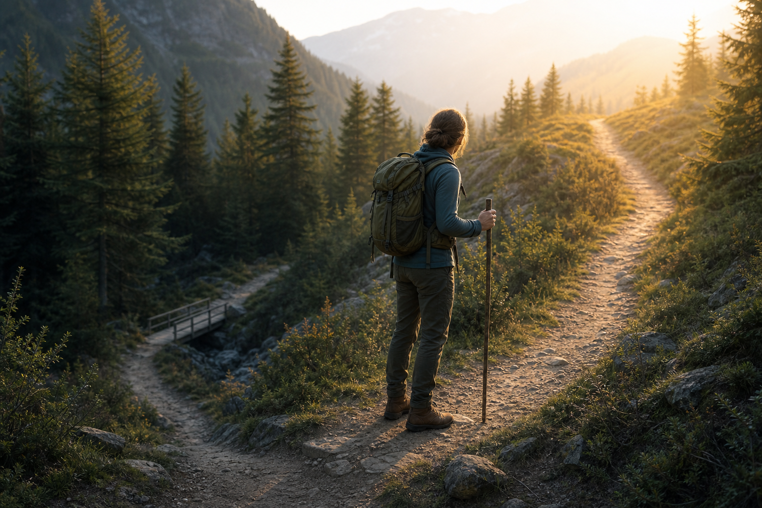 A traveler looks back at a repaired footbridge while standing oriented toward a sunlit forest path ahead.