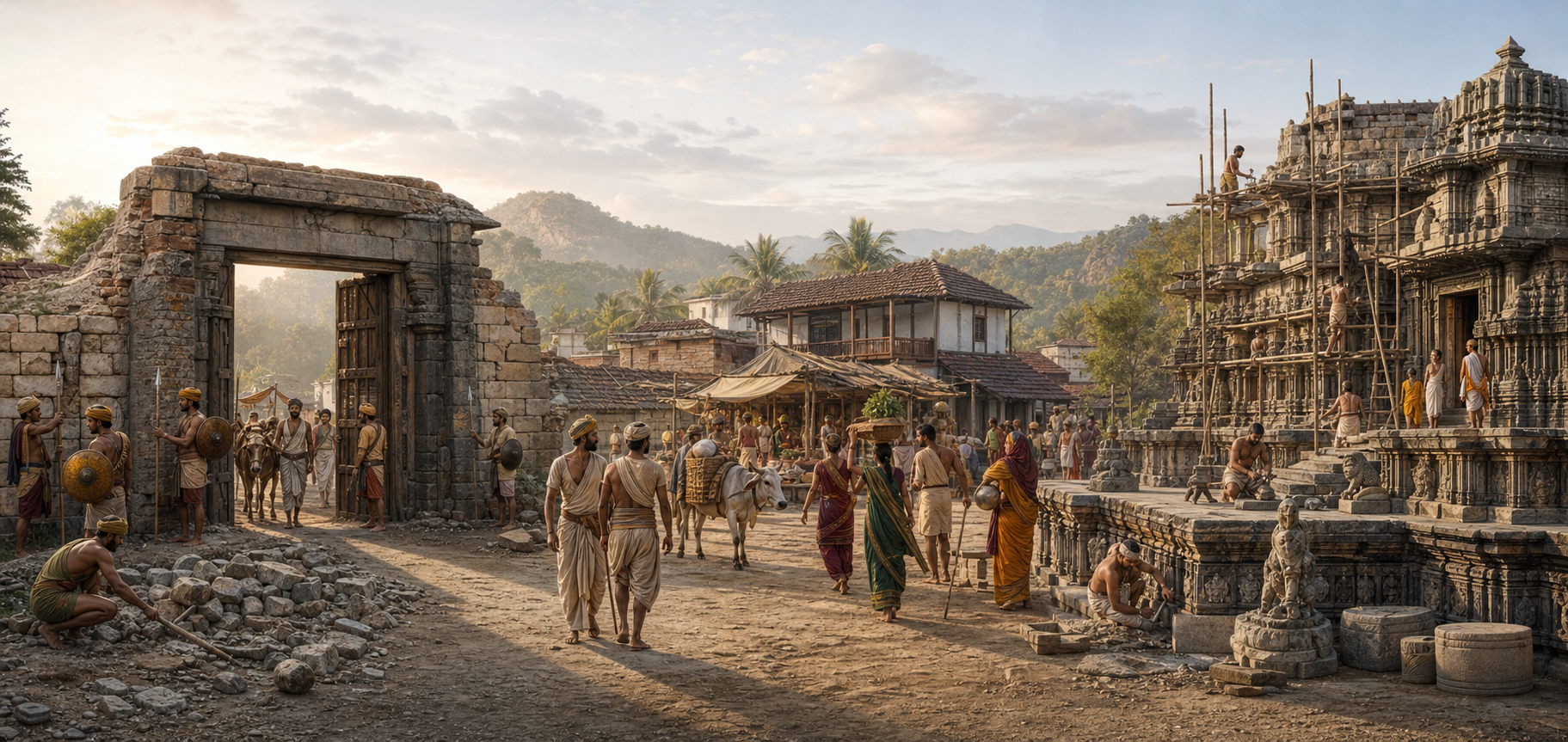 A continuous historical panorama shows guards securing a road, residents returning to a market, and artisans repairing a temple as worship resumes.