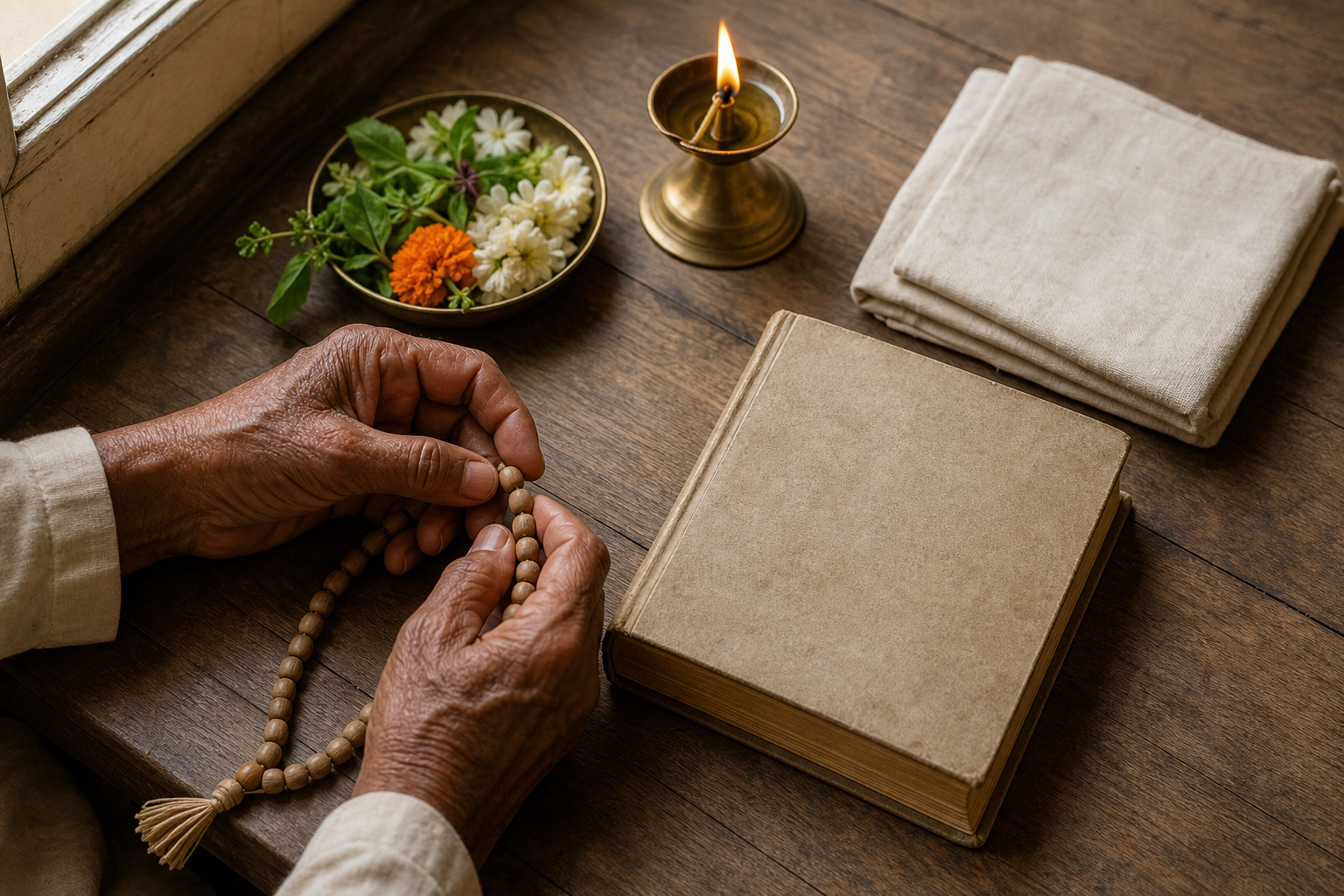 Aged hands hold tulasi prayer beads beside an oil lamp, fresh flowers, folded cloth, and an unmarked sacred book.