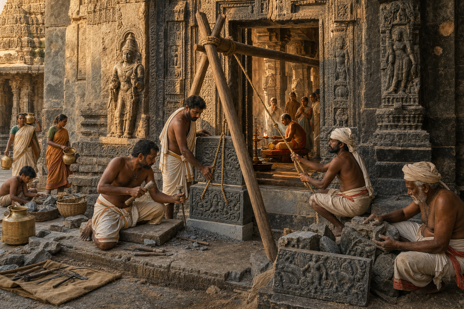 Stoneworkers use hand tools and a timber lifting frame to repair a weathered carved doorway while ritual activity continues inside the temple.