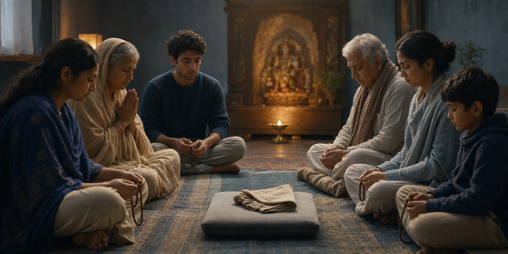 Devotees sit in quiet prayer around an empty cushion and folded shawl as a single oil lamp glows nearby.