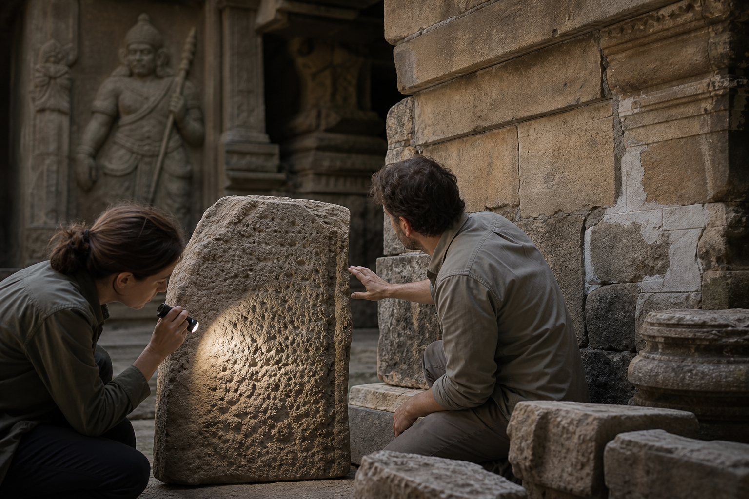 Two historians examine a weathered stone record and surrounding masonry while an old warrior relief remains out of focus in the background.