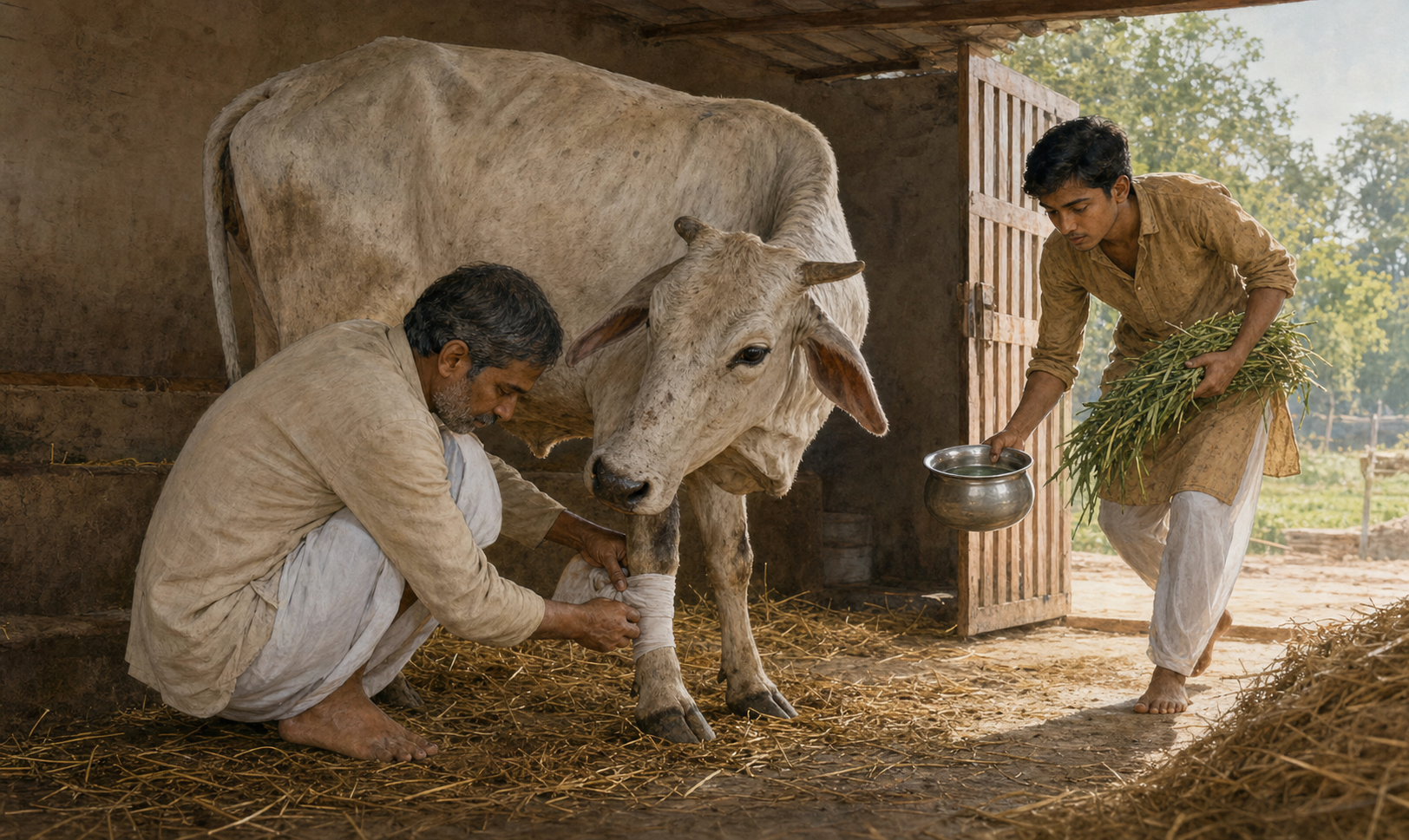 Two caregivers clean and bandage an aging cow's leg inside a well-kept rural shelter.