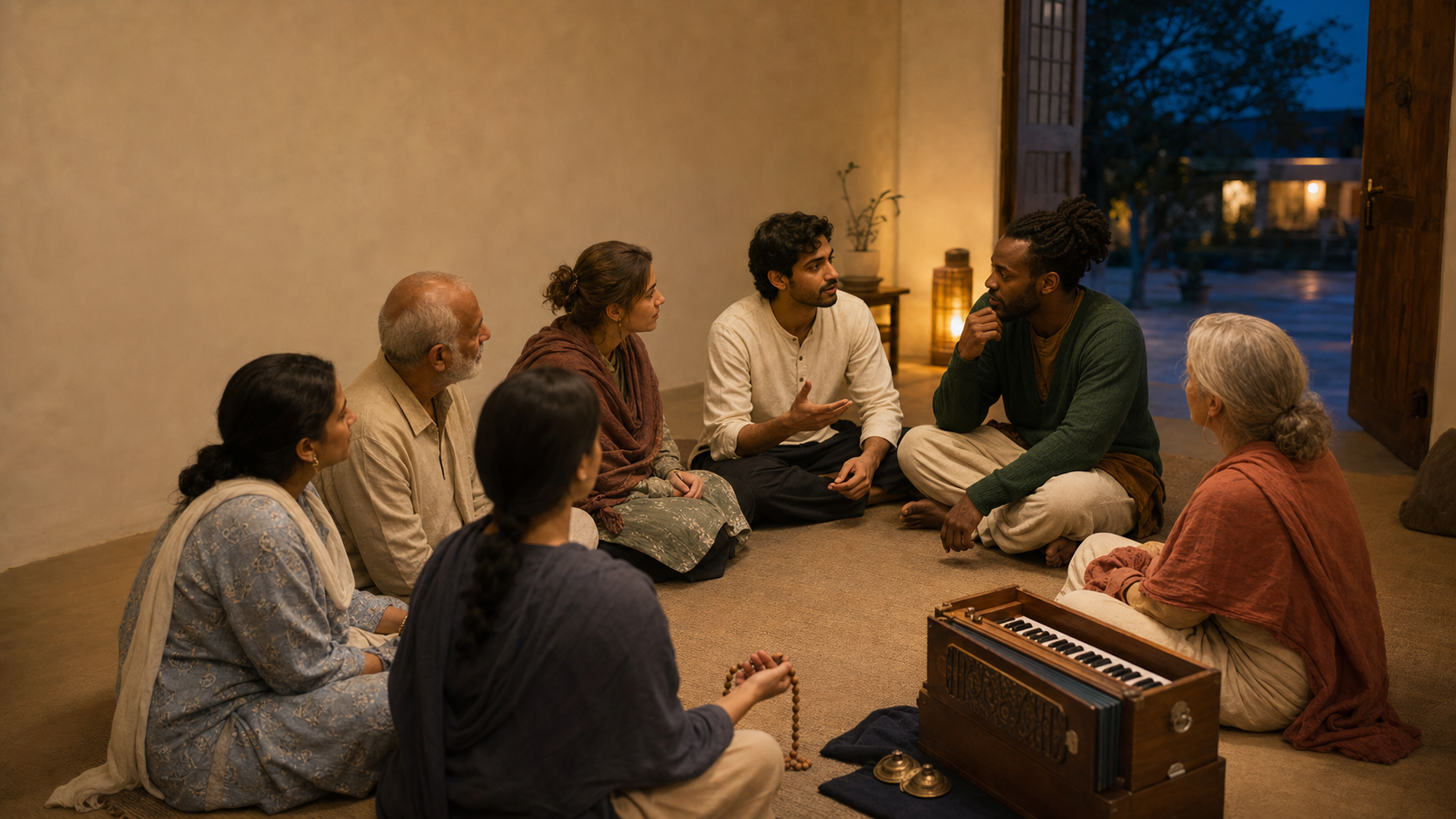A multigenerational group of devotees sits in a temple community room for a calm conversation after kirtan, with a harmonium, hand cymbals, and prayer beads nearby.