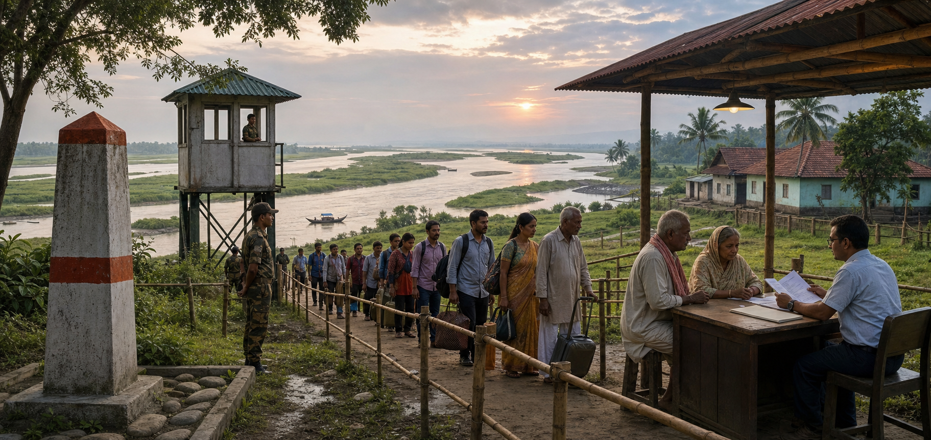 Travelers wait beside a riverine border checkpoint while a civil official reviews an elderly couple's documents at a sheltered desk.
