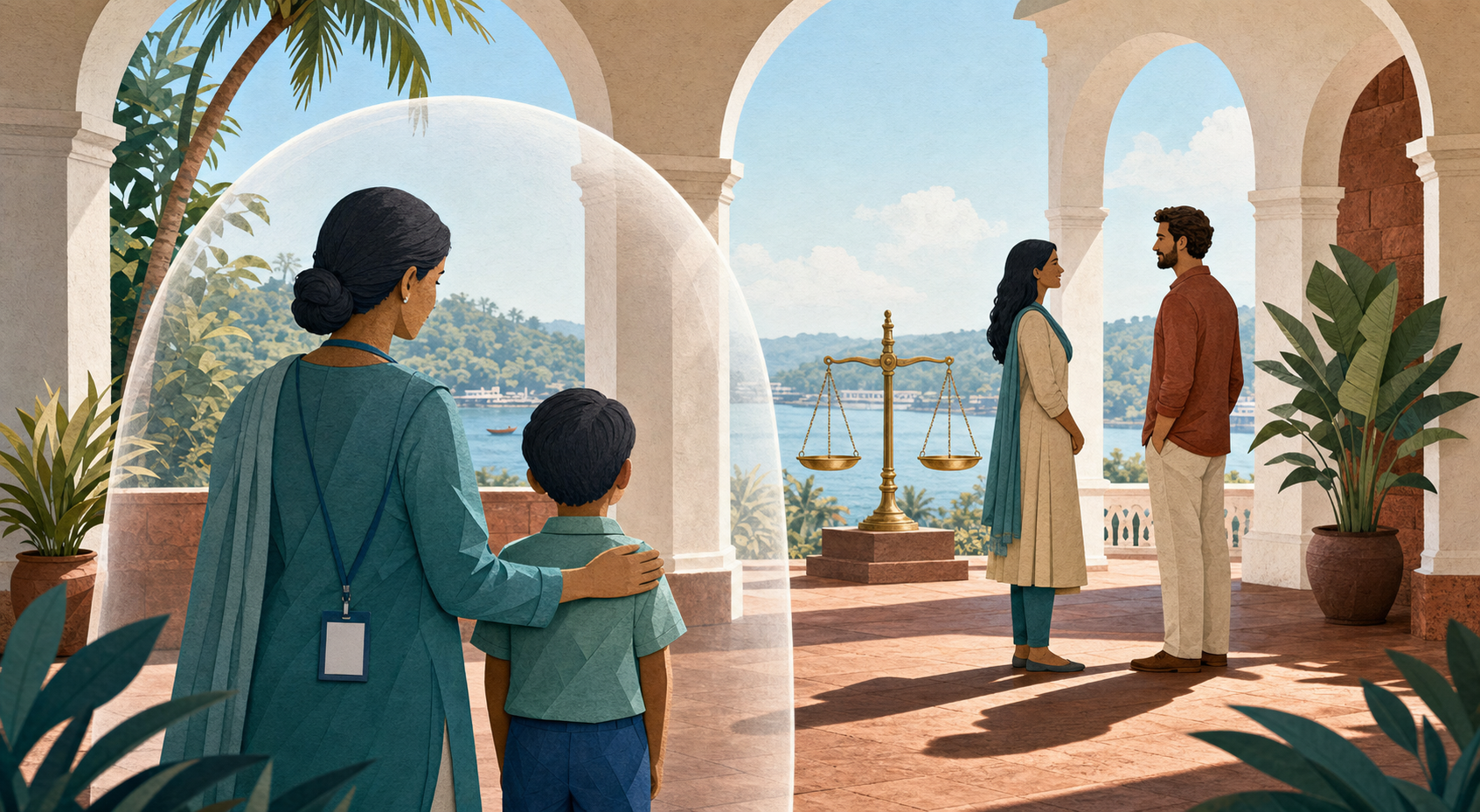 Editorial illustration of a child with a protection professional in the foreground and two adults beside balanced scales of justice in a Goan civic setting.