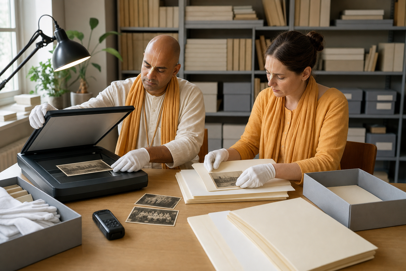 Two volunteers preserve and scan old devotional photographs at a table with archival folders, gloves, boxes, and an audio recorder.
