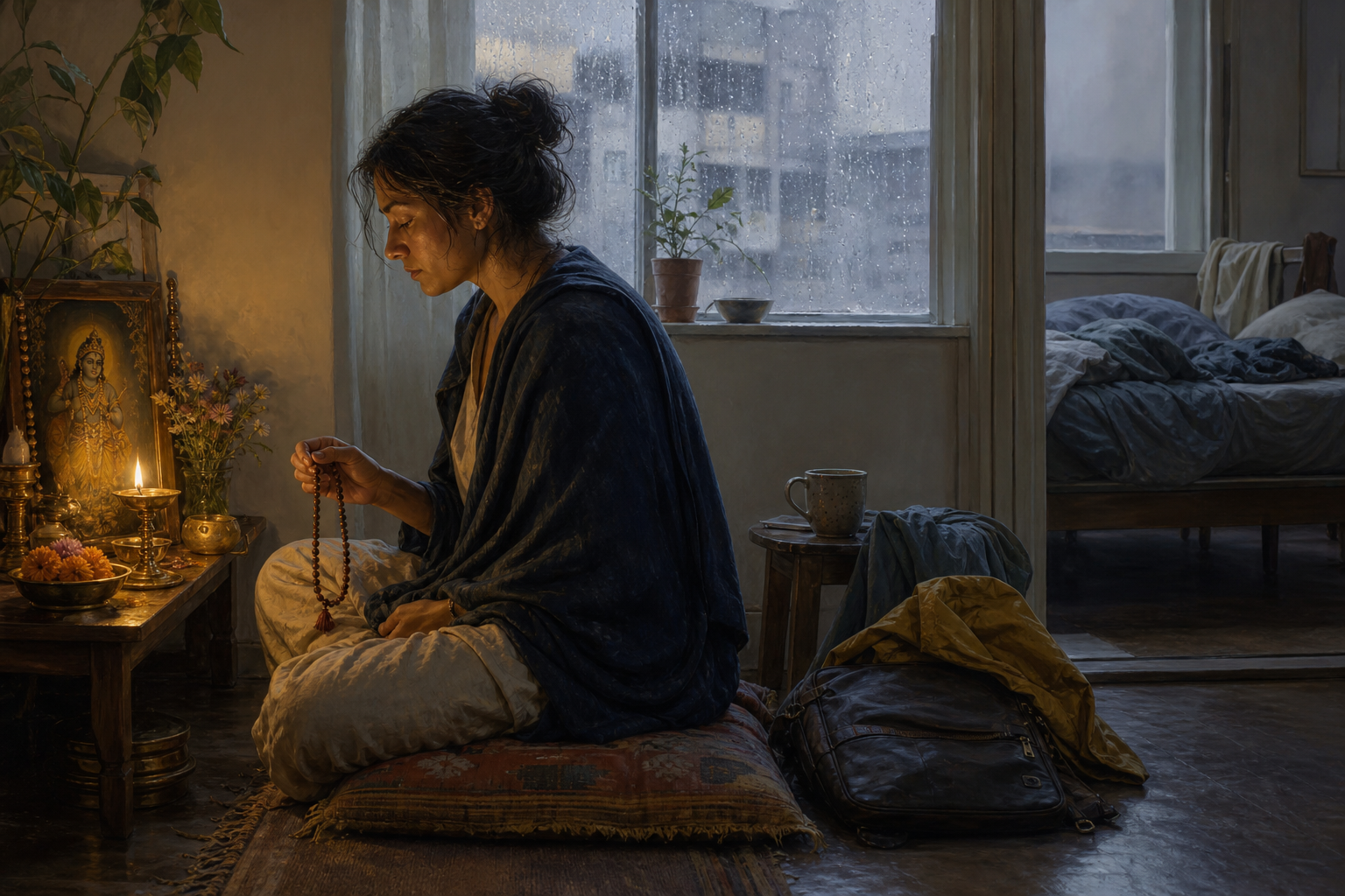 A tired devotee practices with wooden prayer beads beside a small home altar at dawn while rain falls outside a modest apartment.