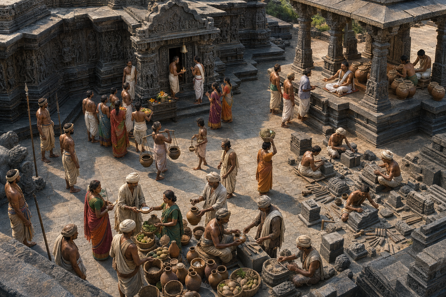 A temple courtyard contains guards, priests, worshippers, craftspeople, residents, and an administrator engaged in connected activities around the sanctuary.