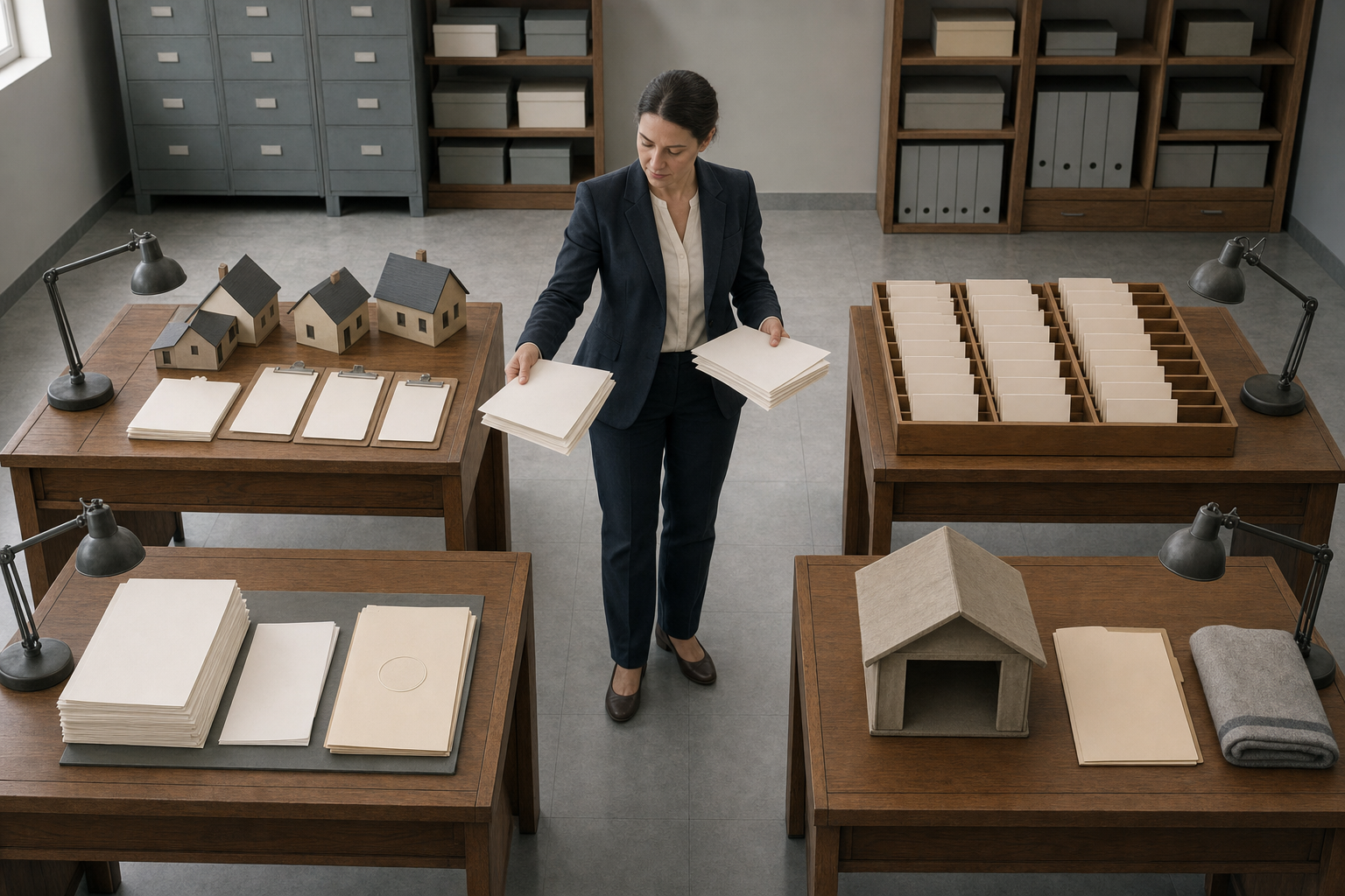 Four separate records-room workstations contain household, residency, citizenship application, and humanitarian protection materials while an official sorts blank files.