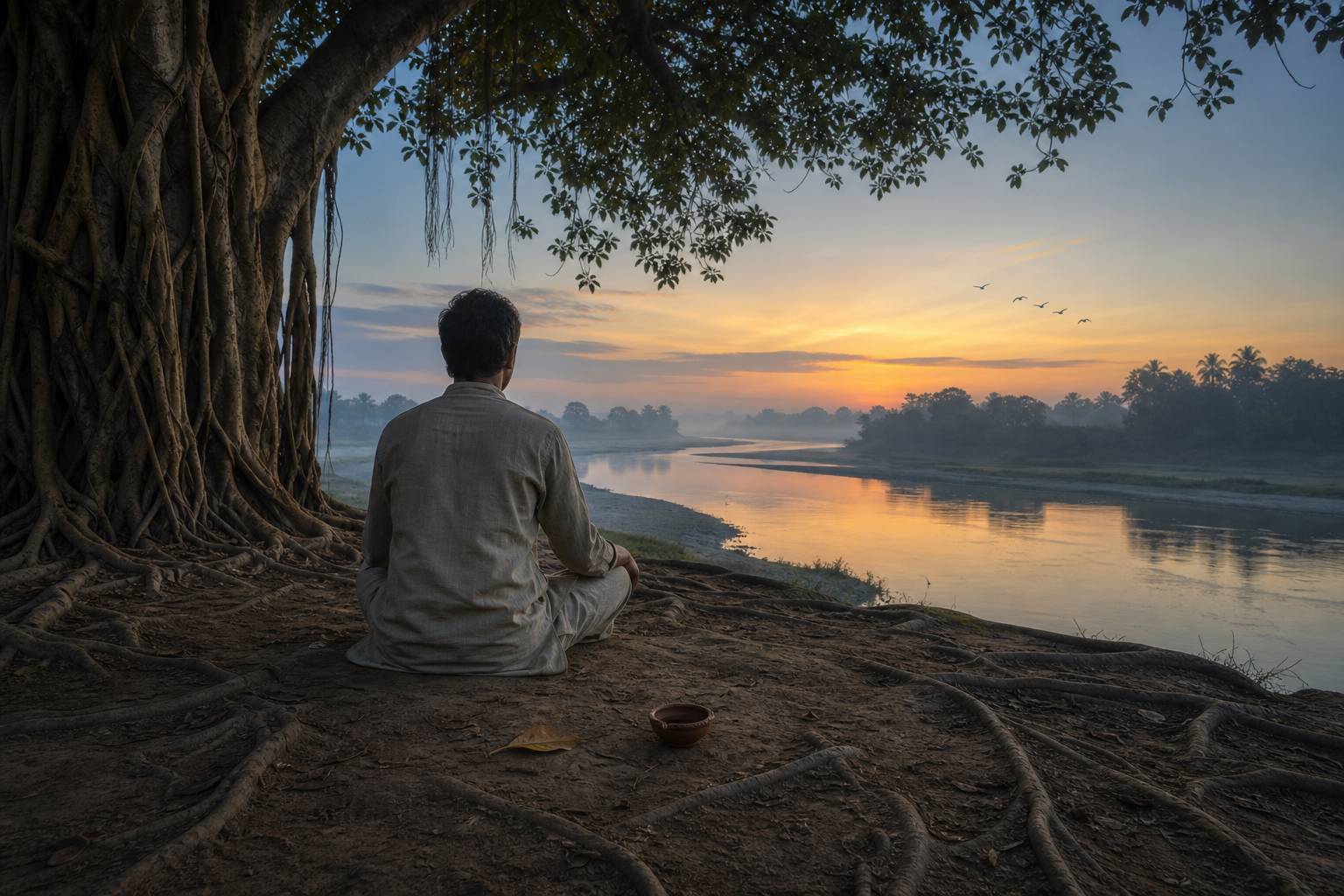 A person meditates beneath a banyan tree beside a river at sunrise, with a clay lamp and fallen leaf resting on the ground.
