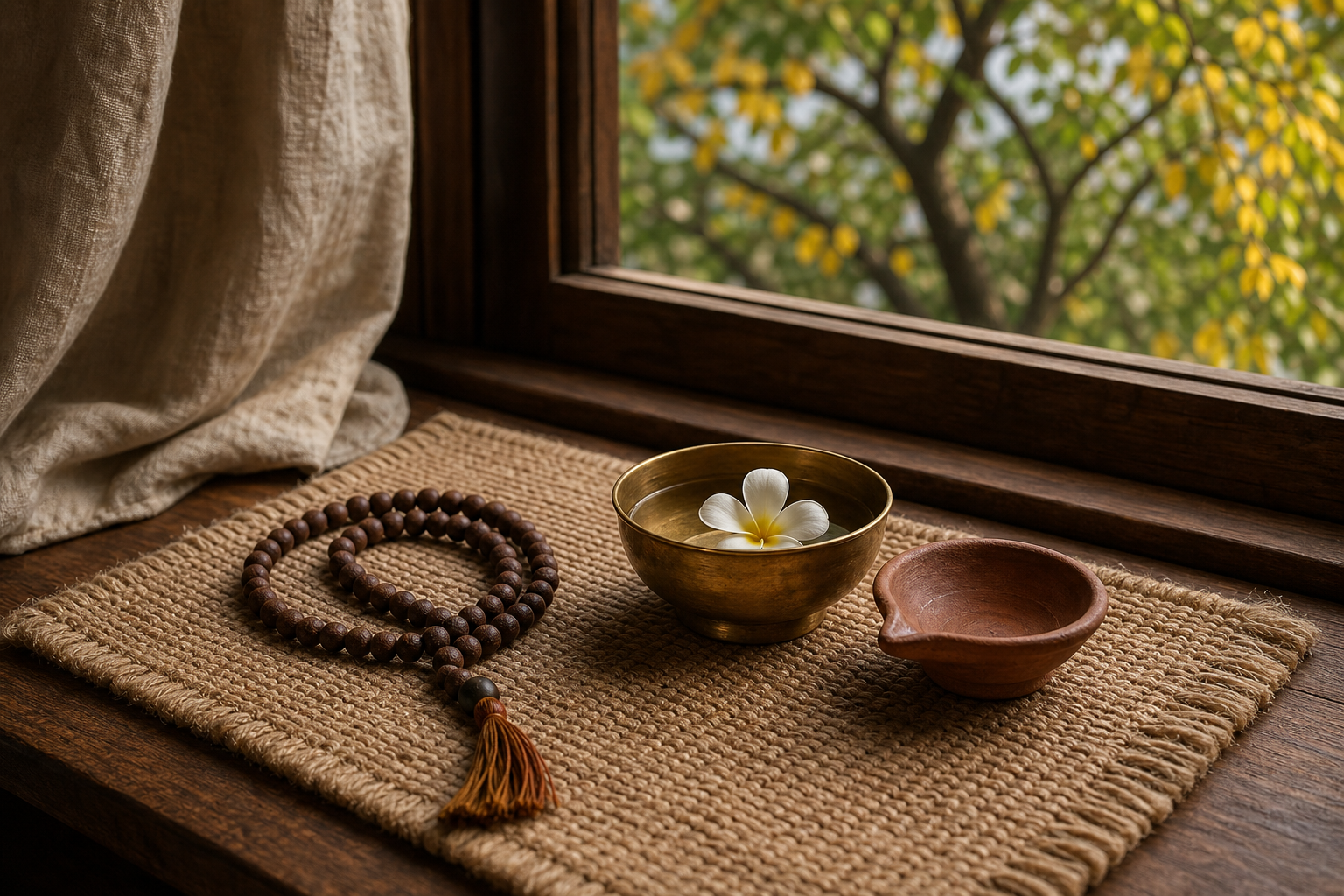 Meditation beads, a flower in a brass bowl, and an unlit clay lamp sit beside a woven mat near a sunlit window.