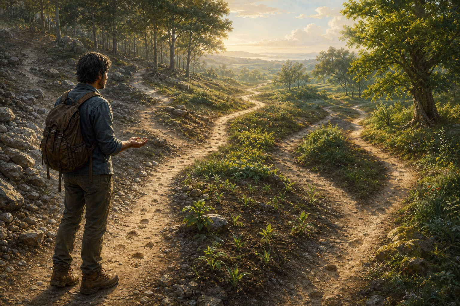 A traveler holding seeds considers several open woodland paths marked by footprints, rocks, seedlings, and mature trees.