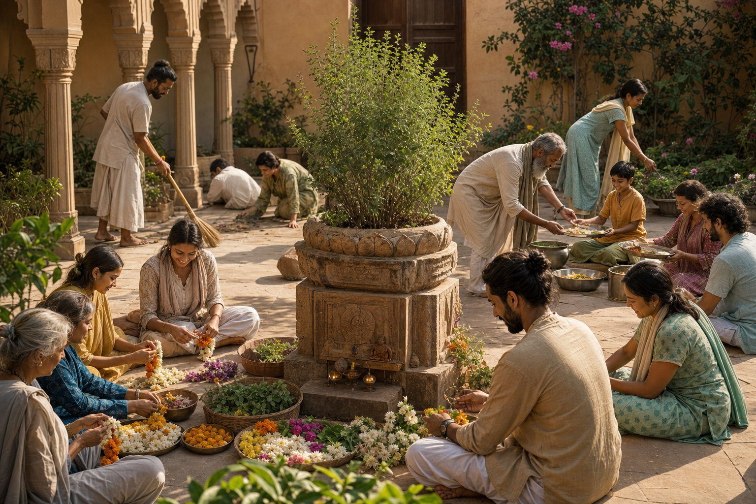 A multigenerational group prepares flowers, serves food, gardens, and cleans around a sacred basil plant in a sunlit courtyard.